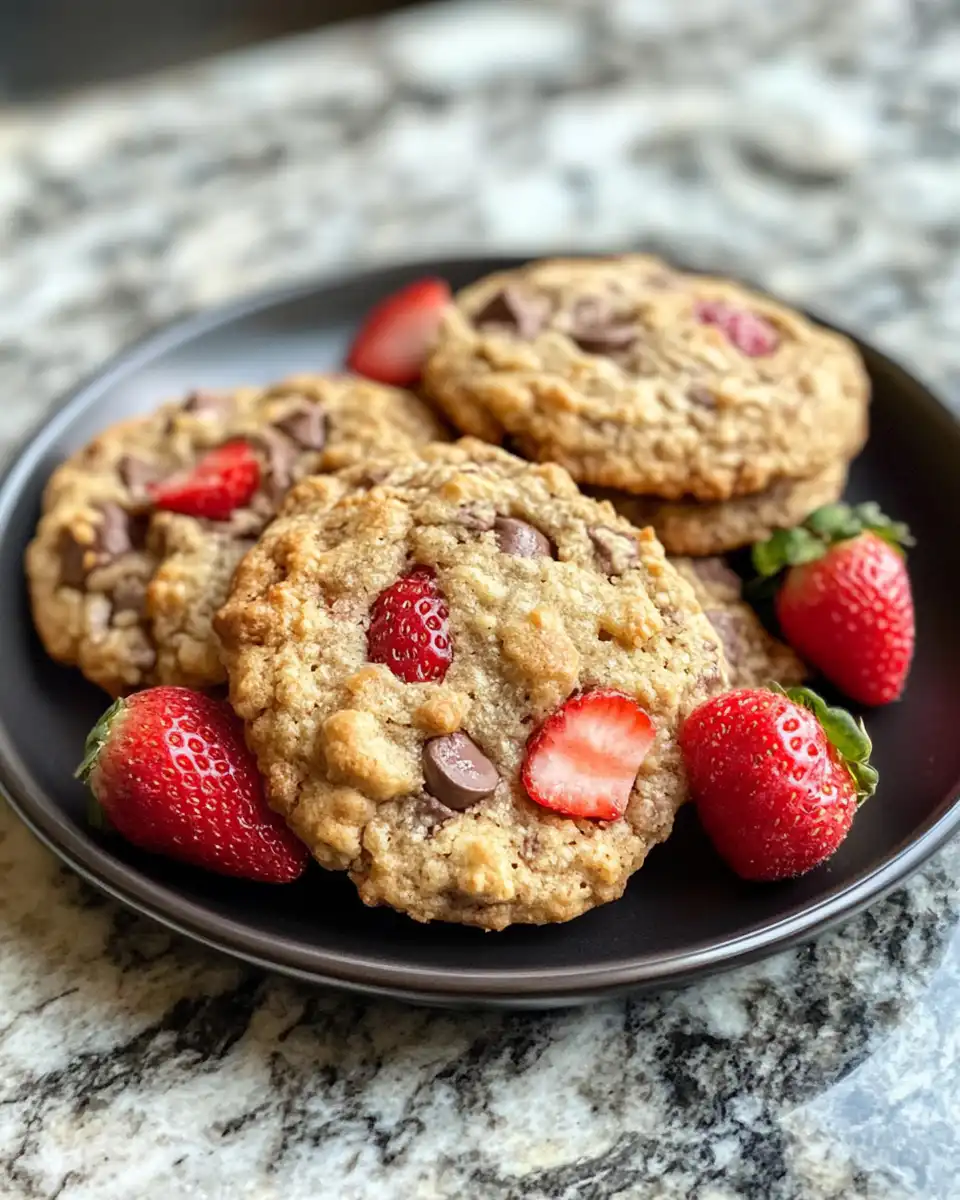 Golden brown strawberry breakfast cookies fresh from the oven, plated and ready to serve