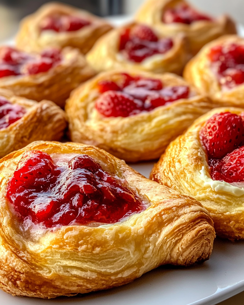 Ingredients for strawberry cream cheese danishes arranged on kitchen table