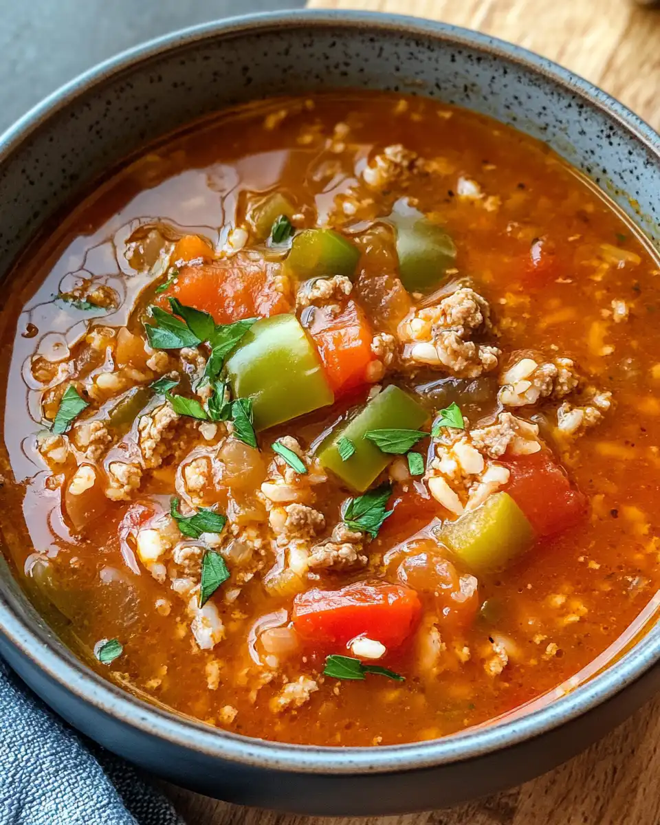 Chopped fresh ingredients for stuffed pepper soup including peppers, tomatoes, and ground beef