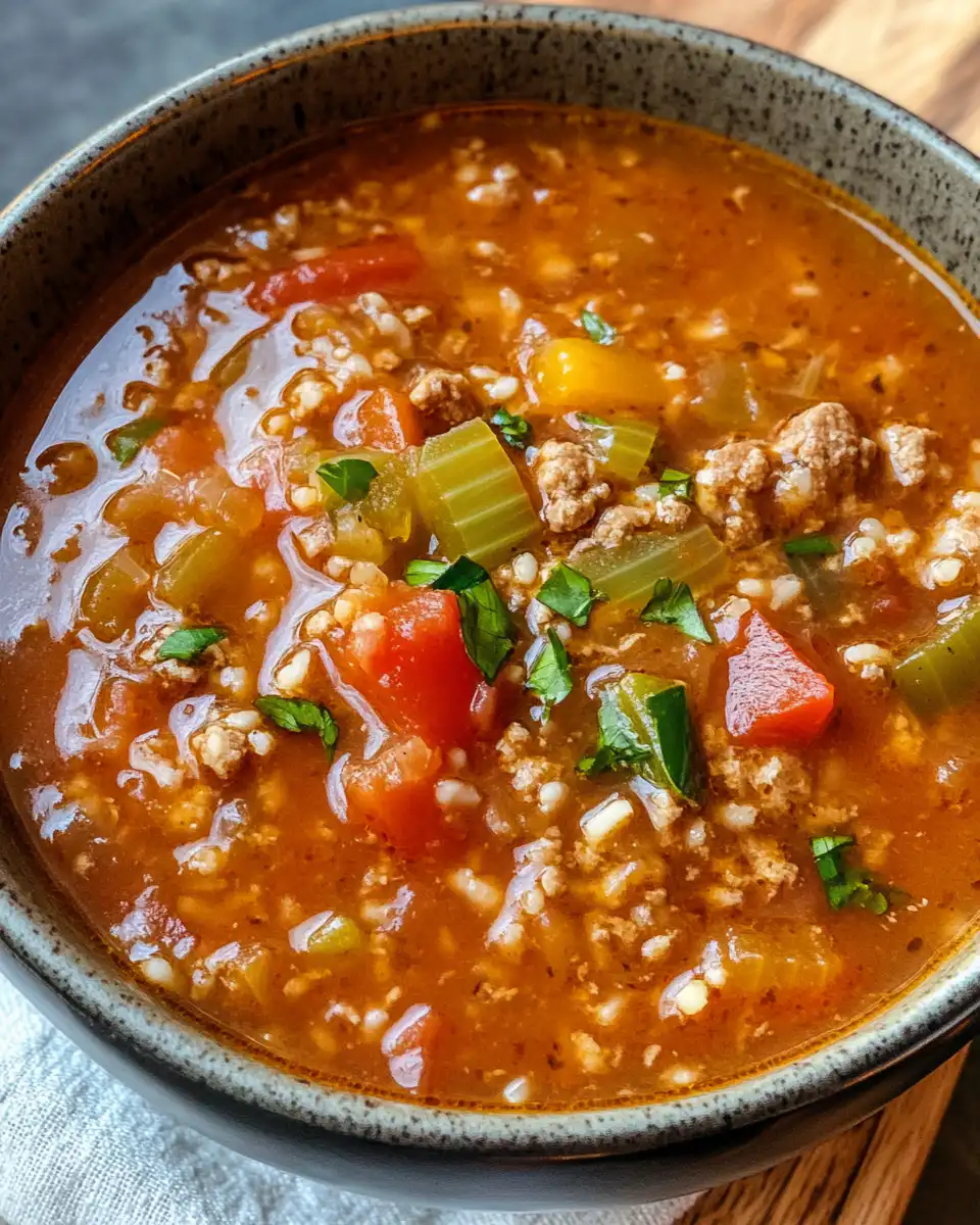 Plated bowl of finished stuffed pepper soup with herbs ready to serve