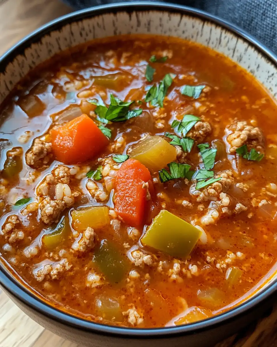 Steaming stuffed pepper soup cooking in pressure cooker with valve hiss