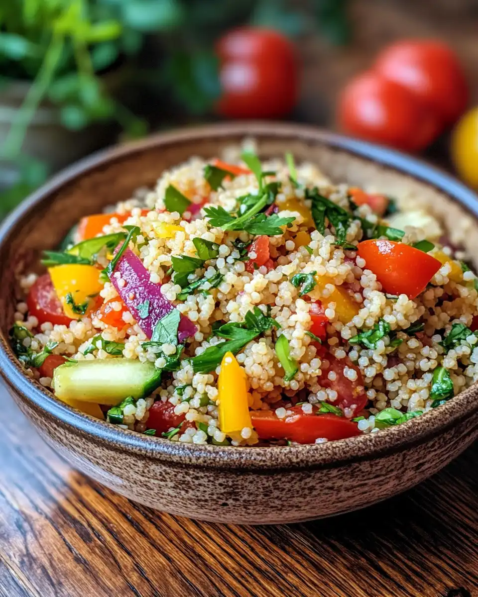 Served summer couscous salad with fresh nectarines and greens on a plate