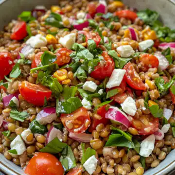 Summer Farro Salad With Crispy Roasted Lentils taken with iphone 15 pro max --iw 2 --ar 4:5 --v 6.1 --raw