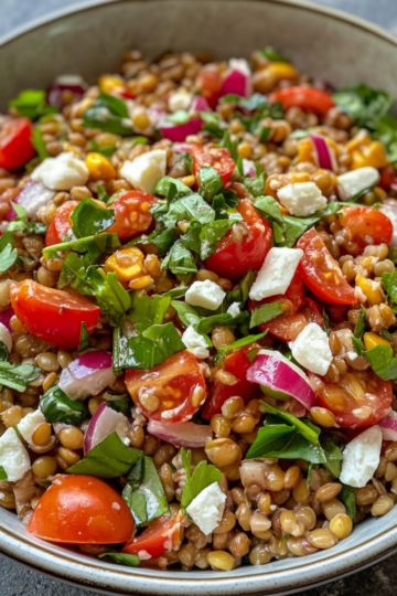Summer Farro Salad With Crispy Roasted Lentils taken with iphone 15 pro max --iw 2 --ar 4:5 --v 6.1 --raw