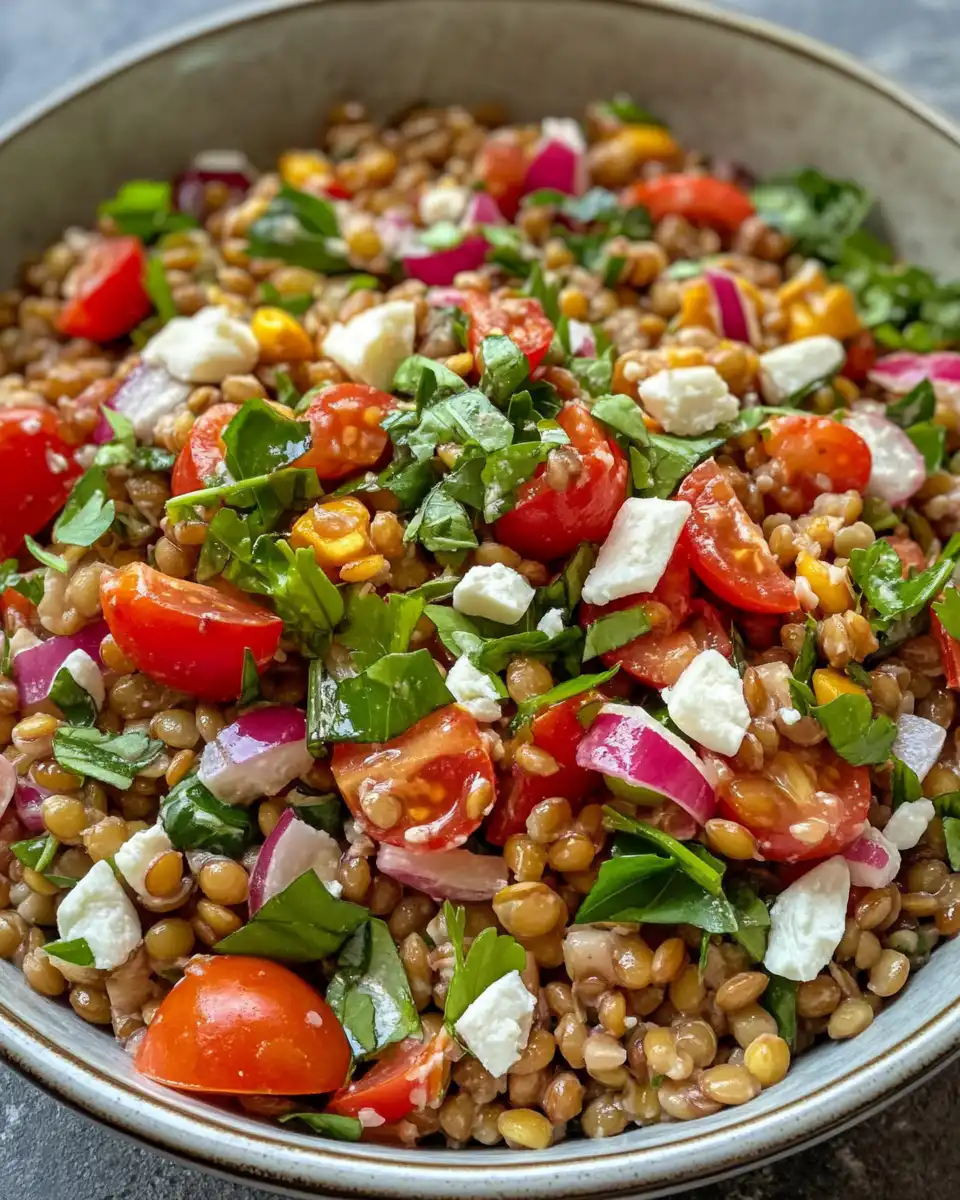 Close up of crispy roasted lentils topping a summer farro salad