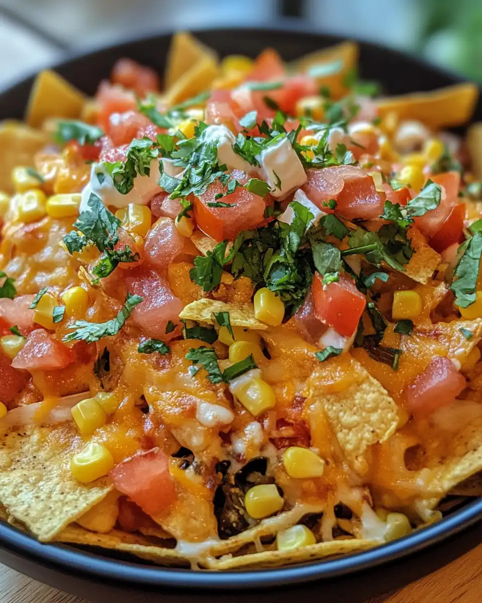Ingredients for summer nachos featuring tomatoes, grilled corn, chicken, and cheese