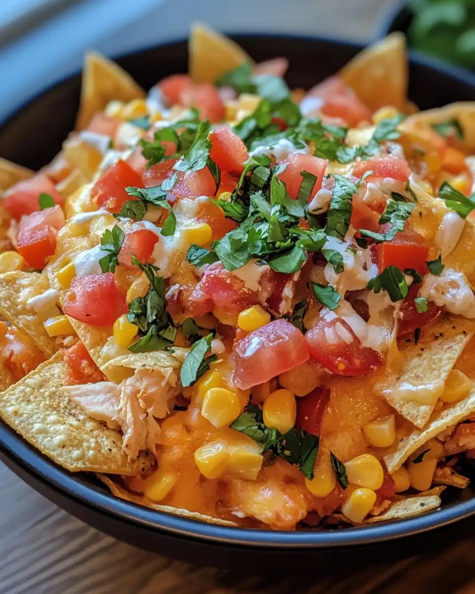 Baked summer nachos loaded with cheese, chicken, and grilled corn ready to serve
