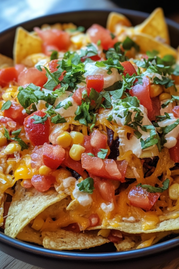 Summer Nachos With Tomatoes, Corn, Chicken, And Cheese taken with iphone 15 pro max --iw 2 --ar 4:5 --v 6.1 --raw