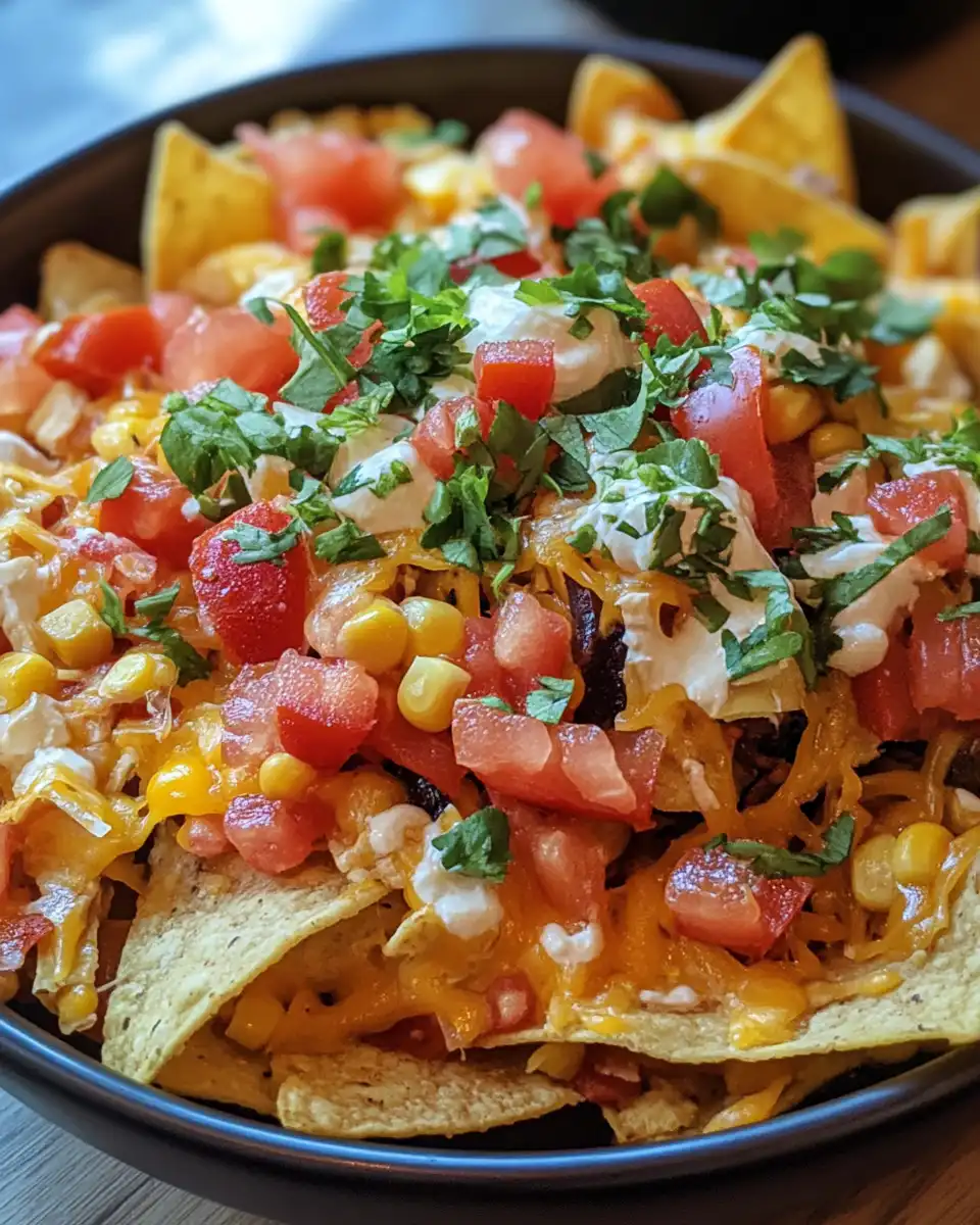 Loaded summer style nachos with grilled corn, chicken, tomatoes, and cheese