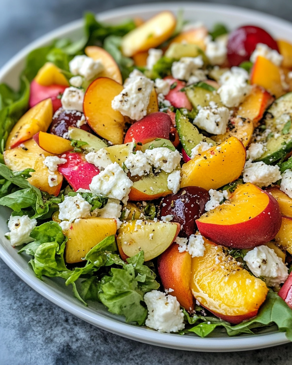 Final plated peach salad with goat cheese and almonds ready to serve