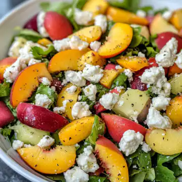 Summer Salad With Peaches And Goat Cheese taken with iphone 15 pro max --iw 2 --ar 4:5 --v 6.1 --raw