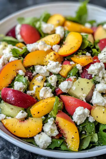 Summer Salad With Peaches And Goat Cheese taken with iphone 15 pro max --iw 2 --ar 4:5 --v 6.1 --raw