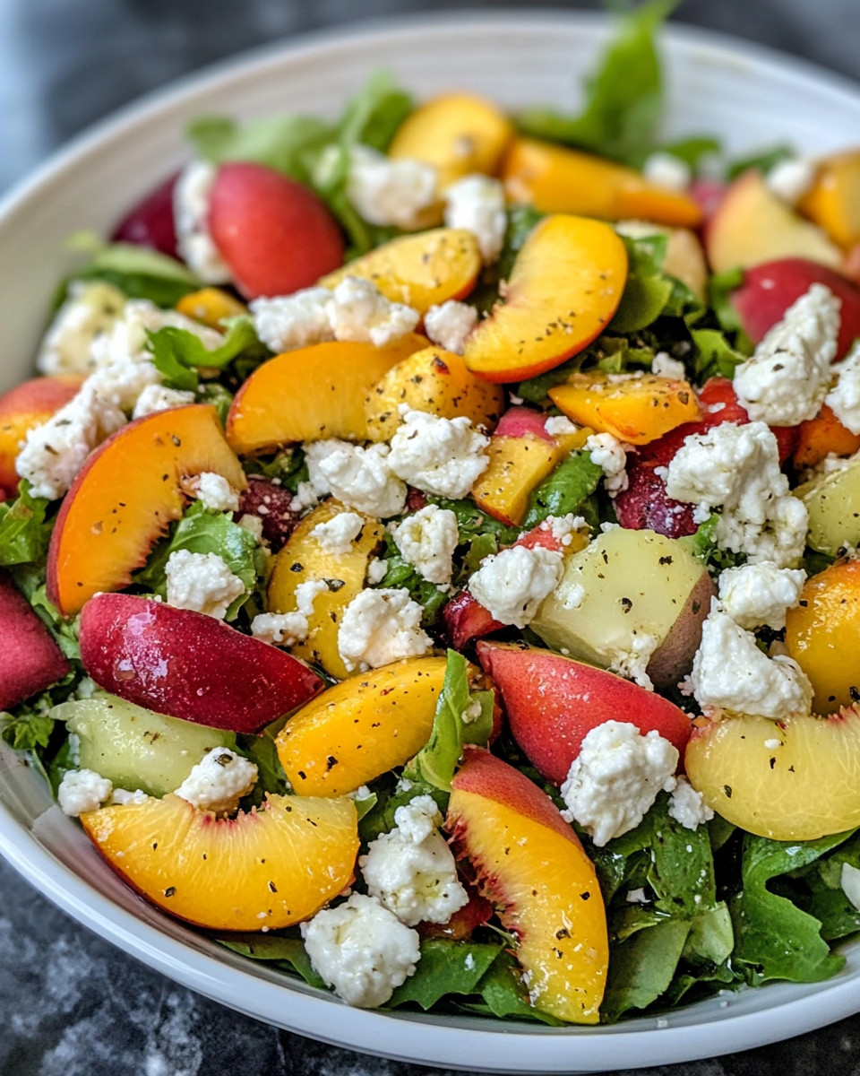 Fresh summer peach salad with goat cheese and balsamic vinaigrette