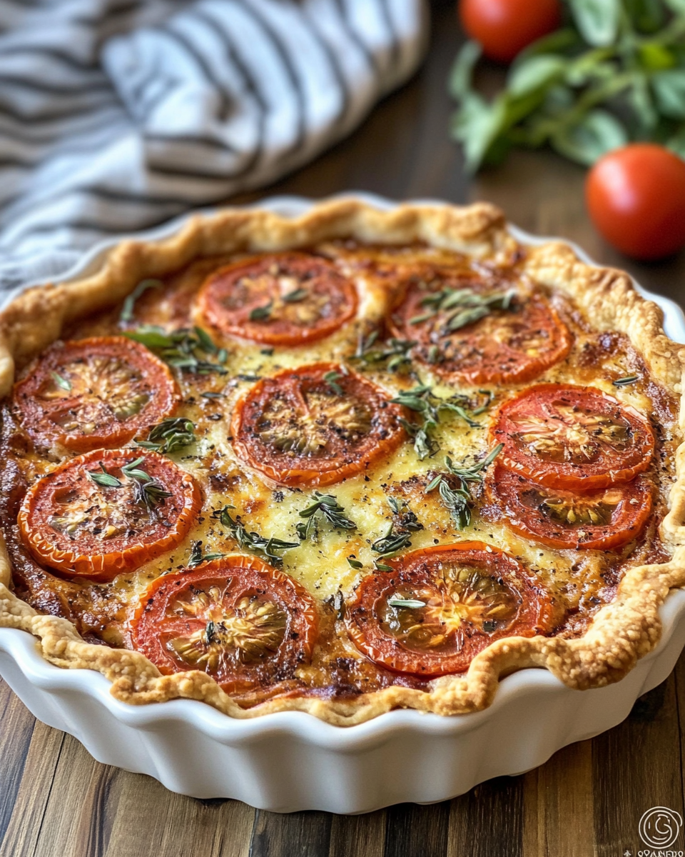 Ingredients spread for summer tomato pie including tomatoes, herbs, cheese, and mayonnaise