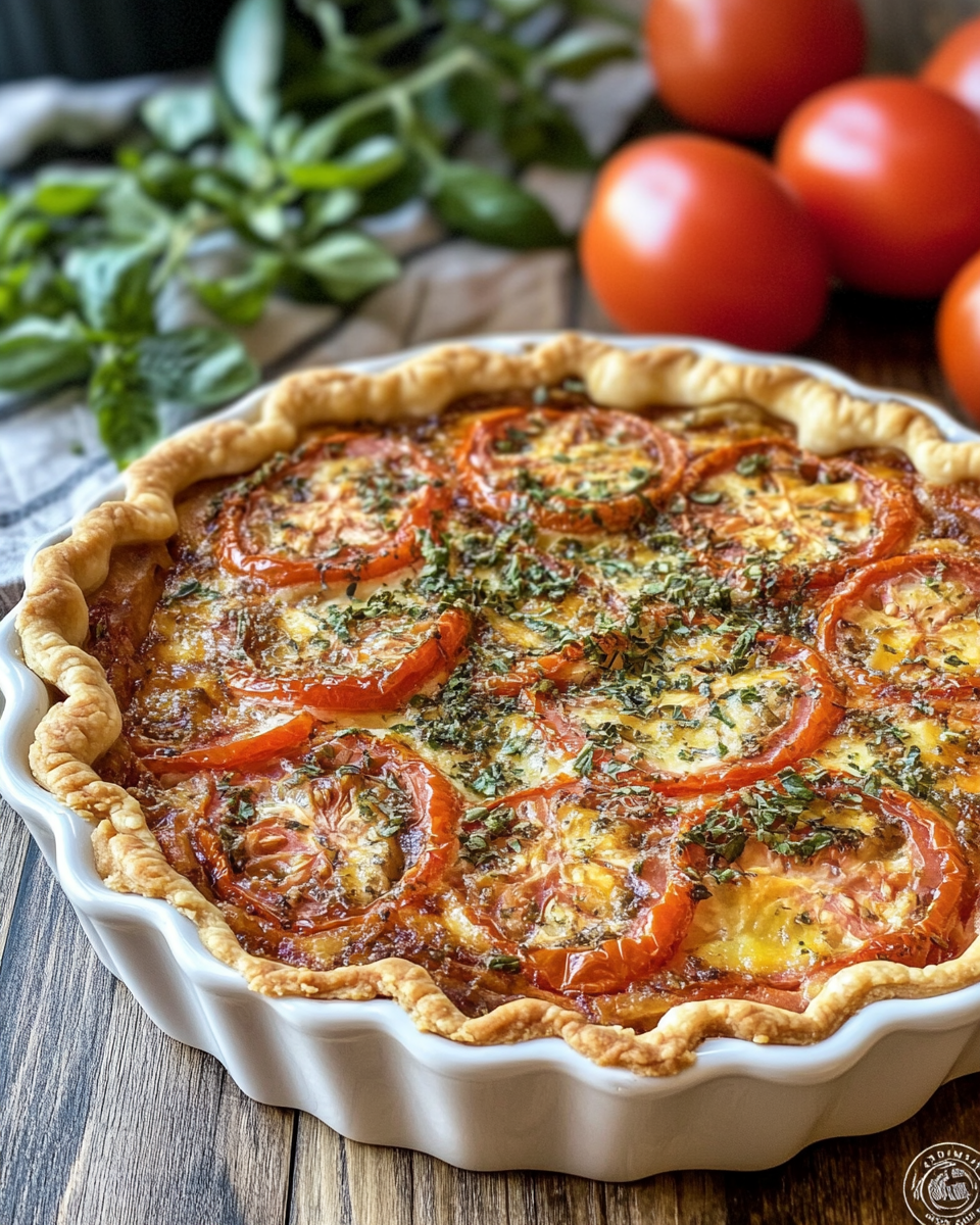Baked summer tomato pie with golden crust and bubbly top fresh from oven