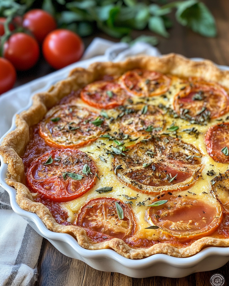 Freshly baked summer tomato pie with layered tomatoes and herbs