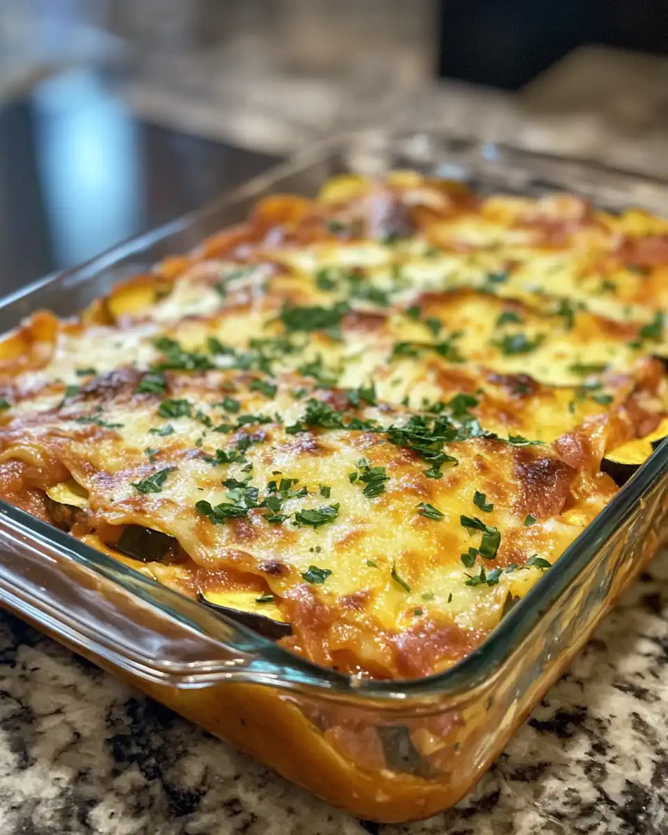 Baked vegetable lasagna with golden melted cheese on top ready to serve