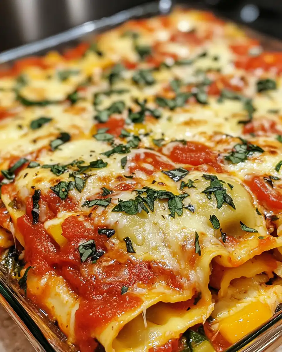Final plated summer veggie ravioli lasagna with melted cheese and fresh parsley