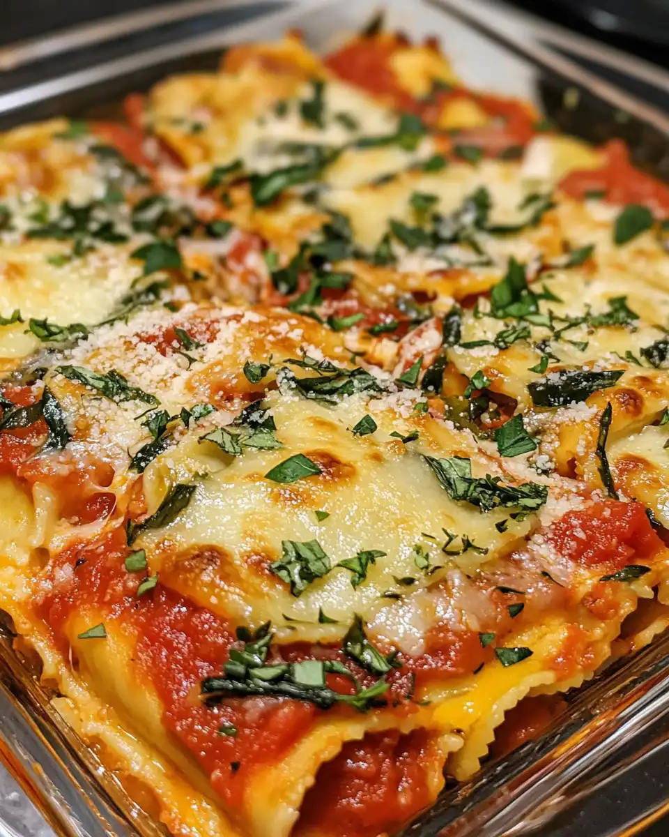 Pressure cooked summer veggie ravioli lasagna in cooker with bubbling sauce