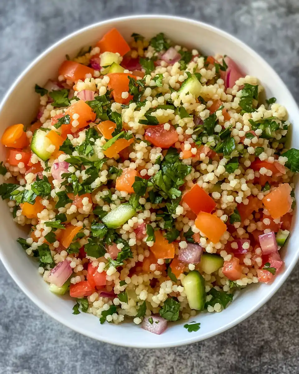 Fresh ingredients including diced cucumber, sweet peppers, basil, and mint for couscous salad