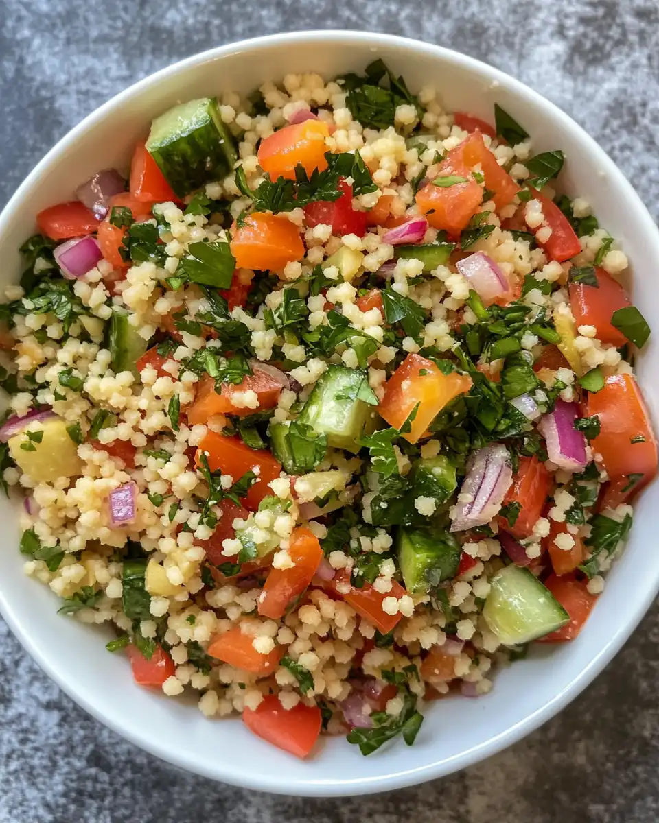 Final plated summer couscous salad with fresh herbs, peppers, and orange sections