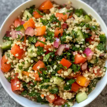 Sunnys Simple Summertime Couscous Salad taken with iphone 15 pro max --iw 2 --ar 4:5 --v 6.1 --raw