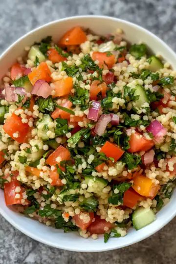 Sunnys Simple Summertime Couscous Salad taken with iphone 15 pro max --iw 2 --ar 4:5 --v 6.1 --raw