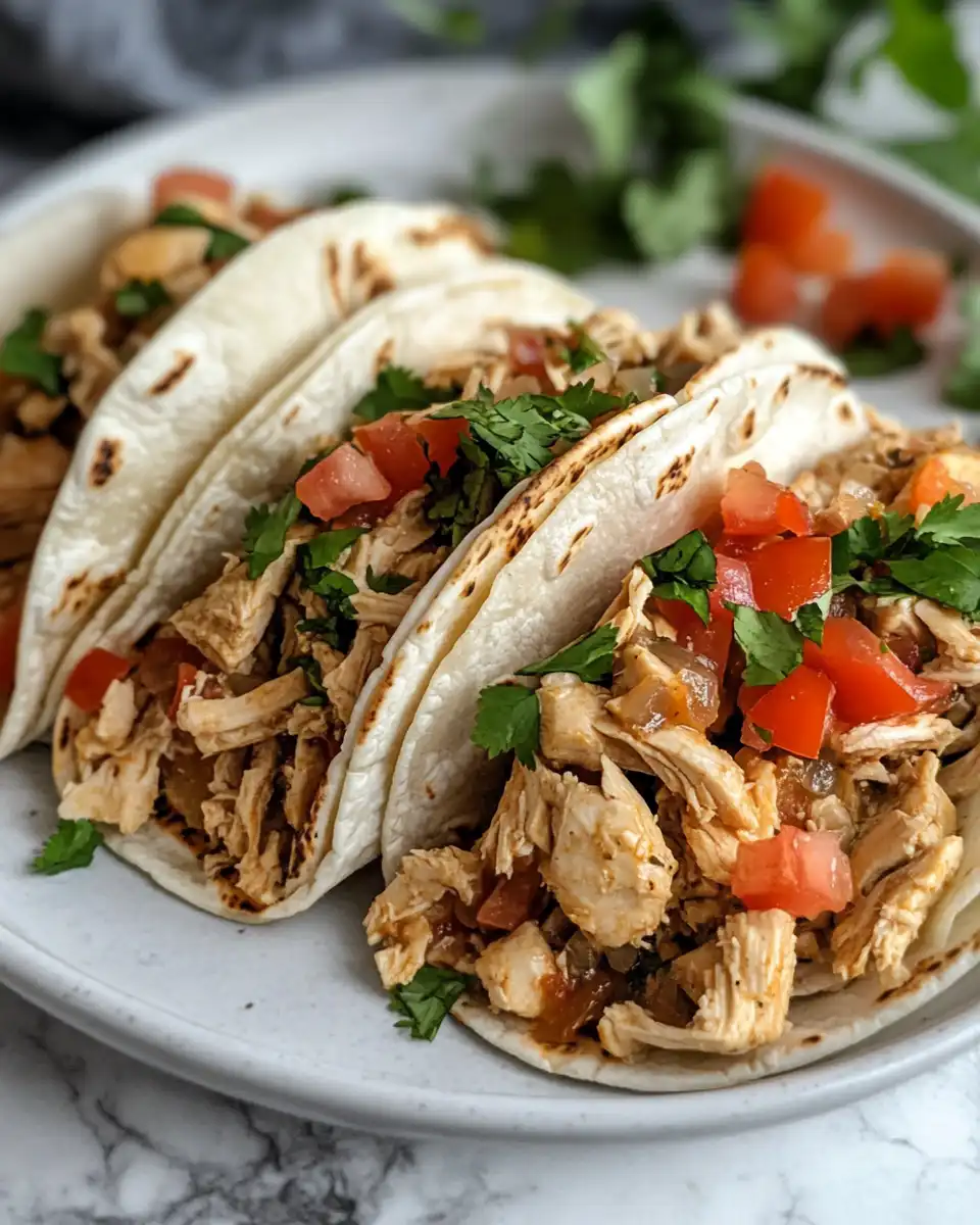 Final plated chicken tacos served in taco shells with toppings