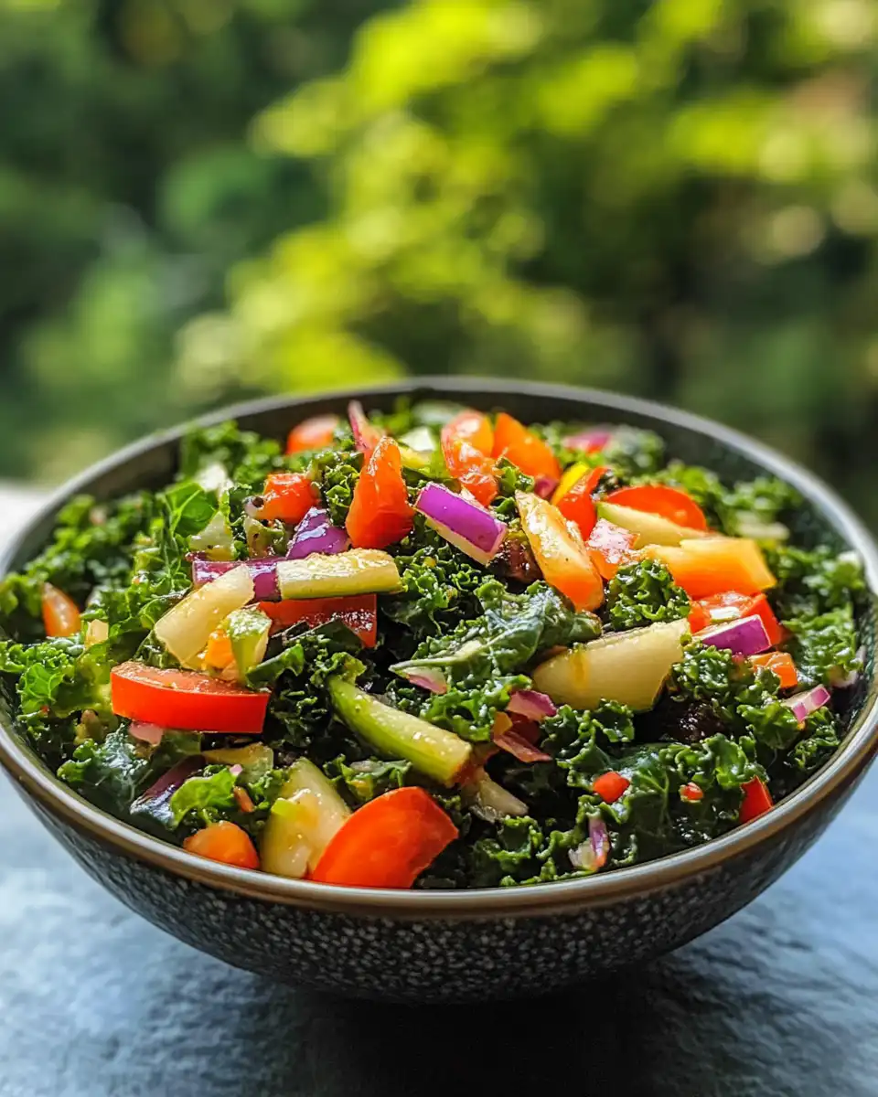 Final plated superfood kale salad with quinoa and vinaigrette served in bowl