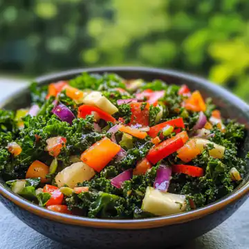 Superfood Kale Salad With Apple Cider Vinaigrette taken with iphone 15 pro max --iw 2 --ar 4:5 --v 6.1 --raw