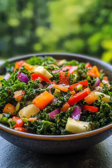 Superfood Kale Salad With Apple Cider Vinaigrette taken with iphone 15 pro max --iw 2 --ar 4:5 --v 6.1 --raw