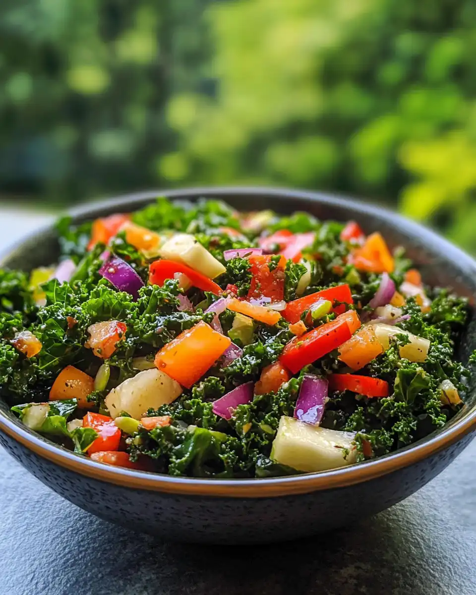 Superfood kale salad with apple cider vinaigrette in glass bowl
