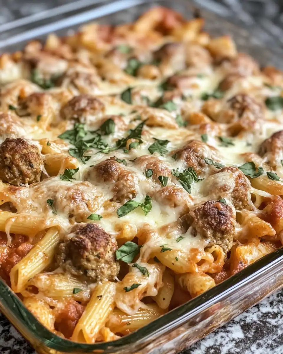 Swedish Meatball Pasta Bake mixed and ready for the oven