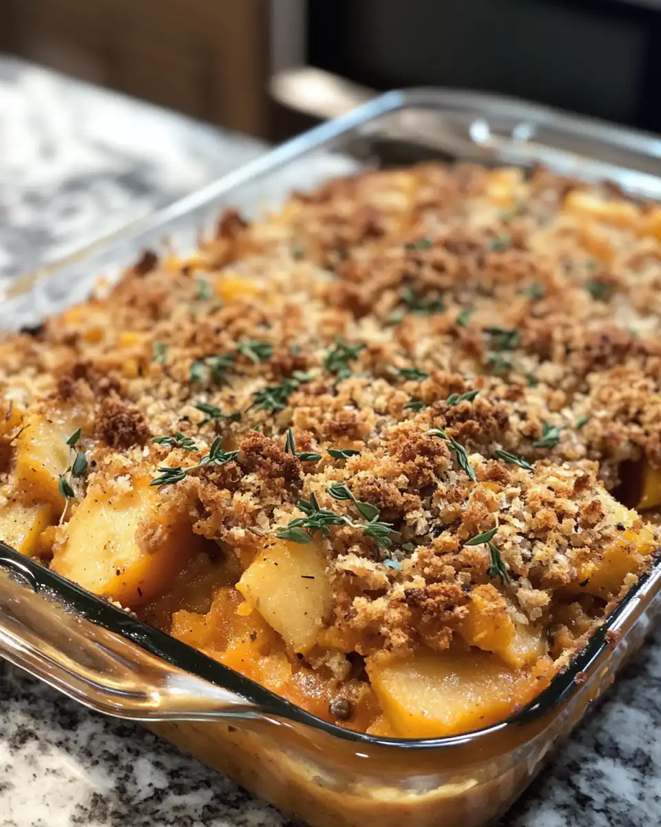 Baked sweet potato and apple casserole with golden pecans on top