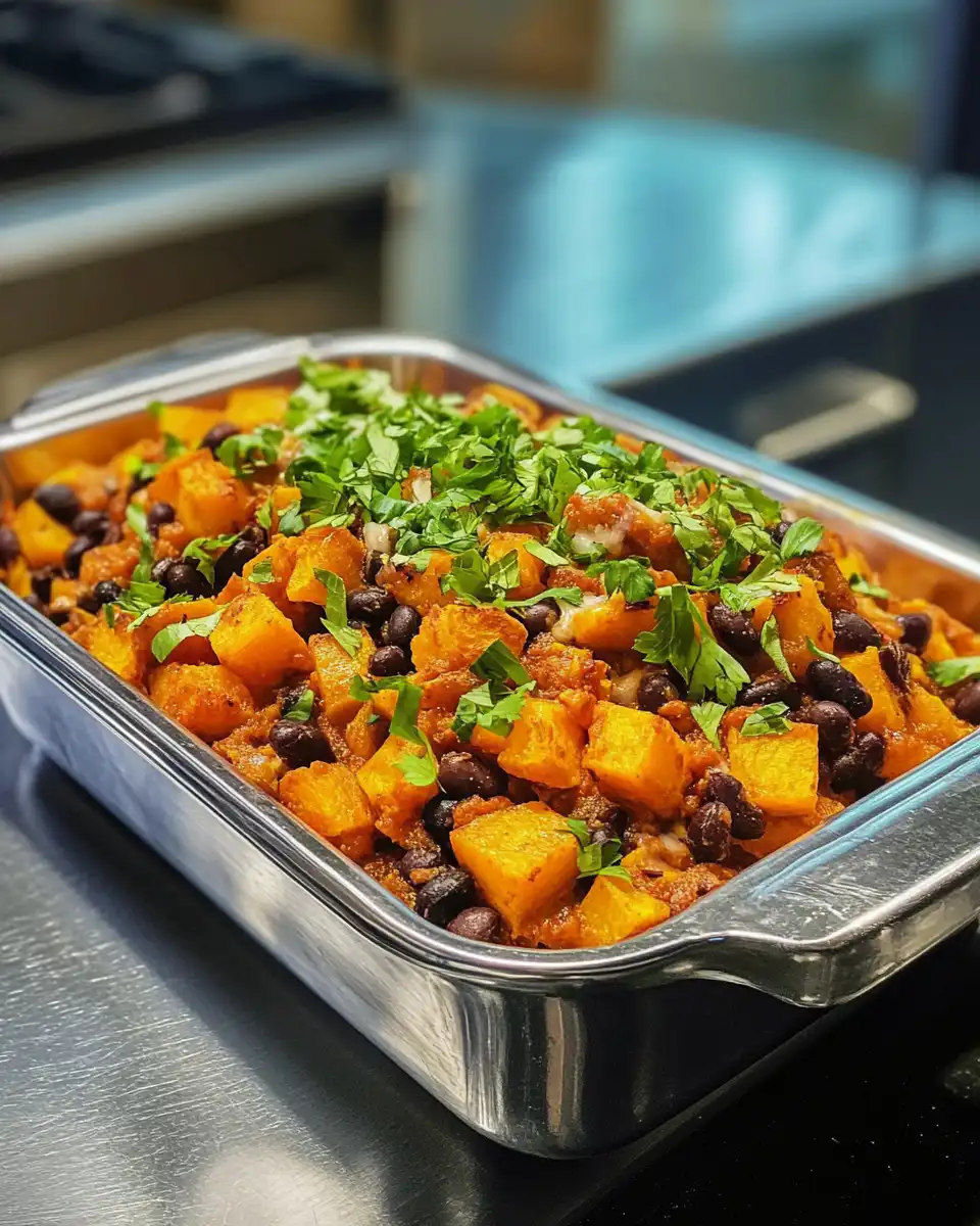Ingredients for sweet potato black bean casserole including roasted sweet potatoes, quinoa, kale, and black beans