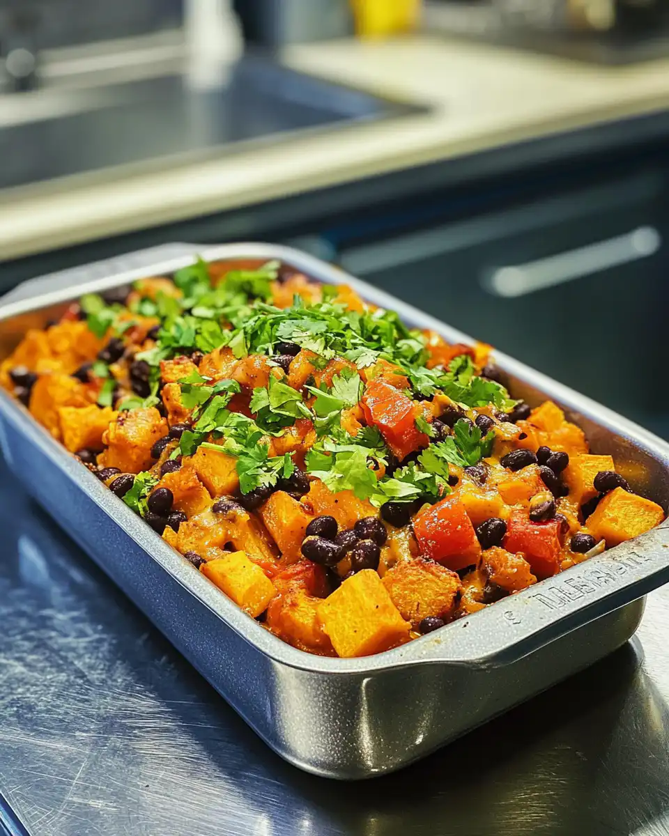 Sweet potato black bean casserole fresh and steaming from pressure cooker