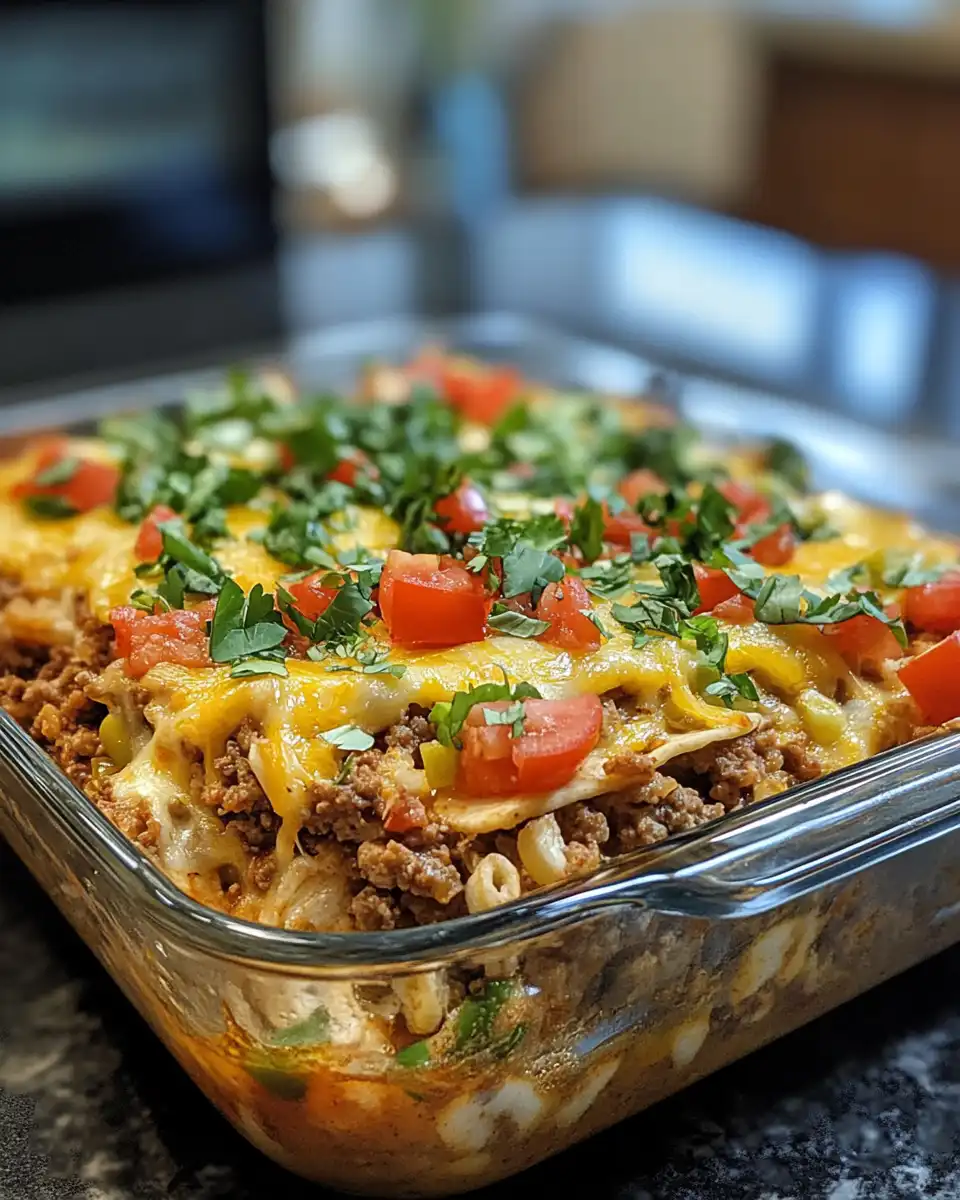 Taco casserole layered with chips, beef mixture, and cheddar cheese before baking