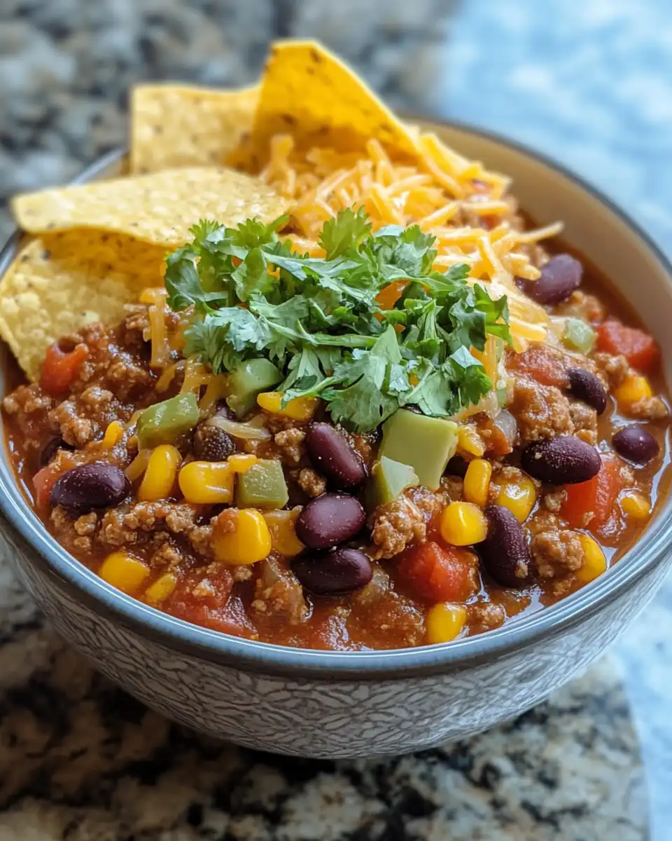 Ingredients for taco chili including ground beef, taco seasoning, and vegetables