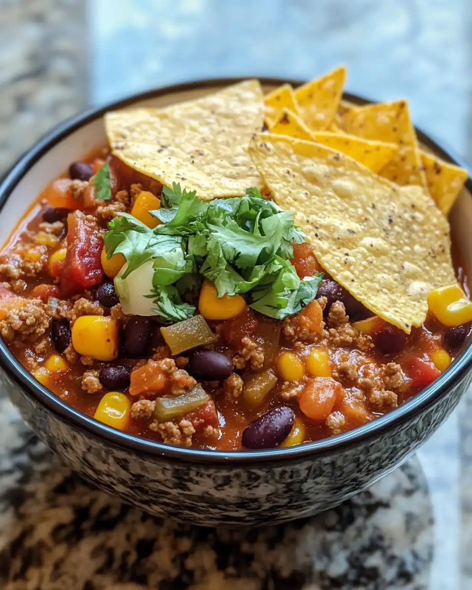 Spoonful of finished taco chili ready to serve in a roll
