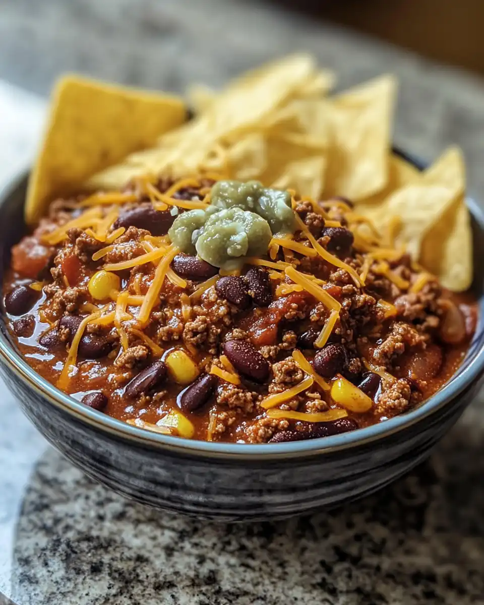 Ingredients for taco chili including ground beef, beans, corn, and spices