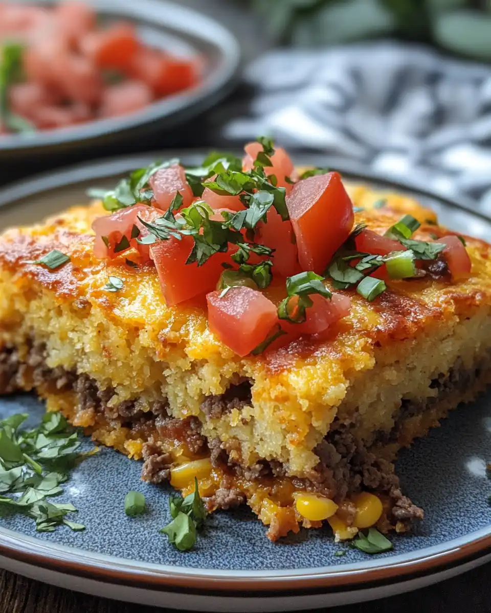 Close-up of melted cheese on golden cornbread with taco beef filling
