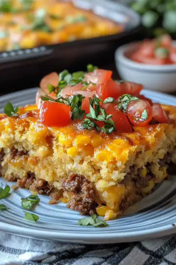 Taco Cornbread Casserole taken with iphone 15 pro max --iw 2 --ar 4:5 --v 6.1 --raw