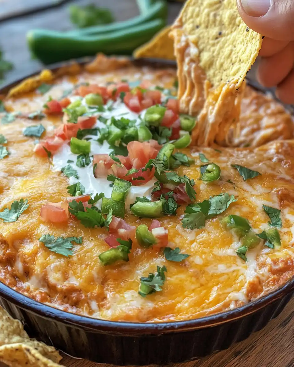 Final cheesy layered taco dip served with tortilla chips
