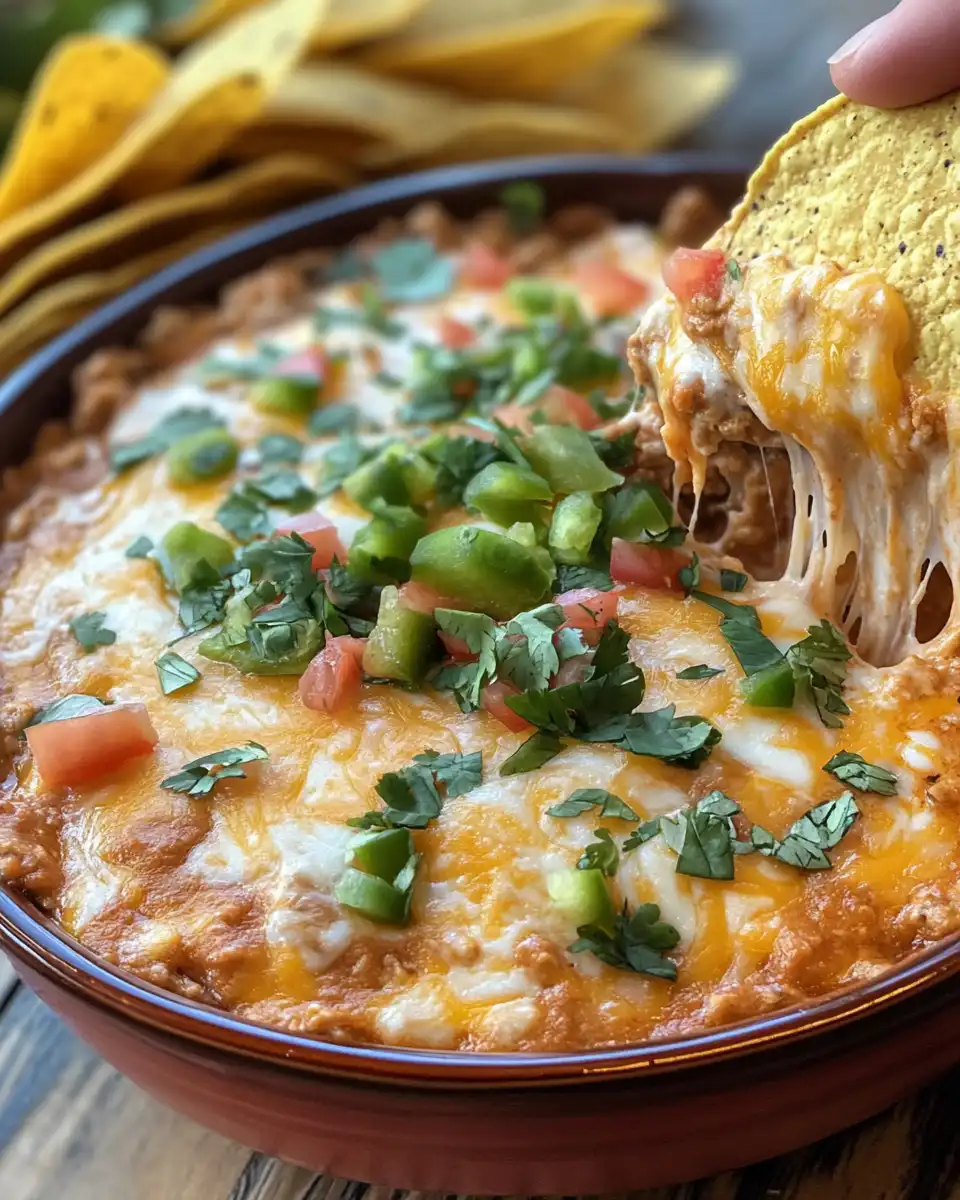 Cheesy layered taco dip bubbling hot in pressure cooker