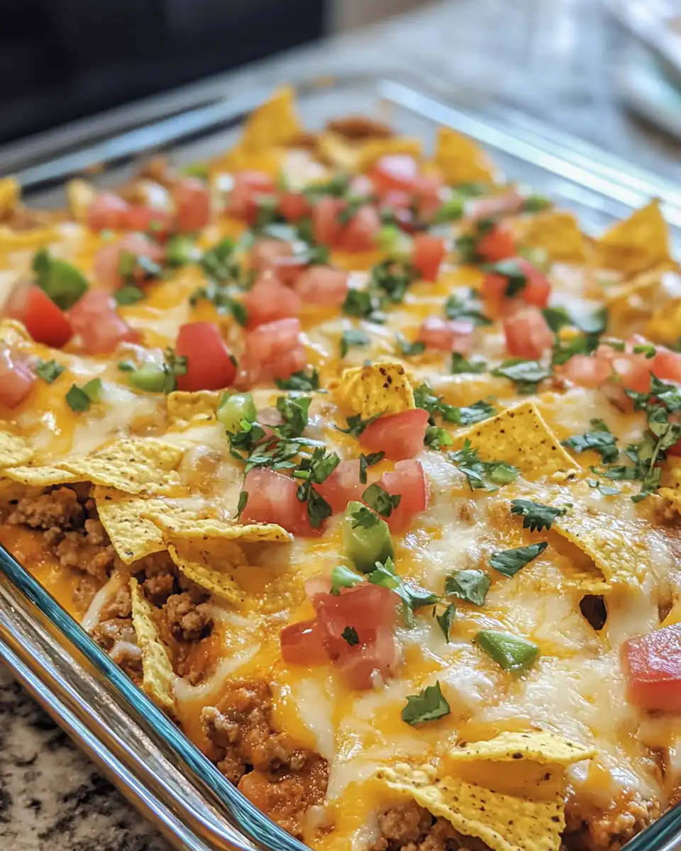 Finished Doritos Taco Casserole with melted cheese and fresh toppings