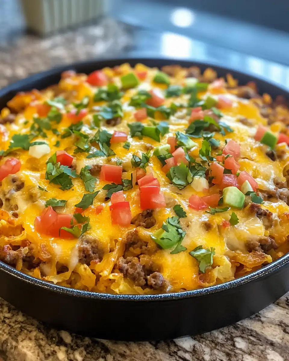 Finished cheesy taco hashbrown casserole with melted cheese pull