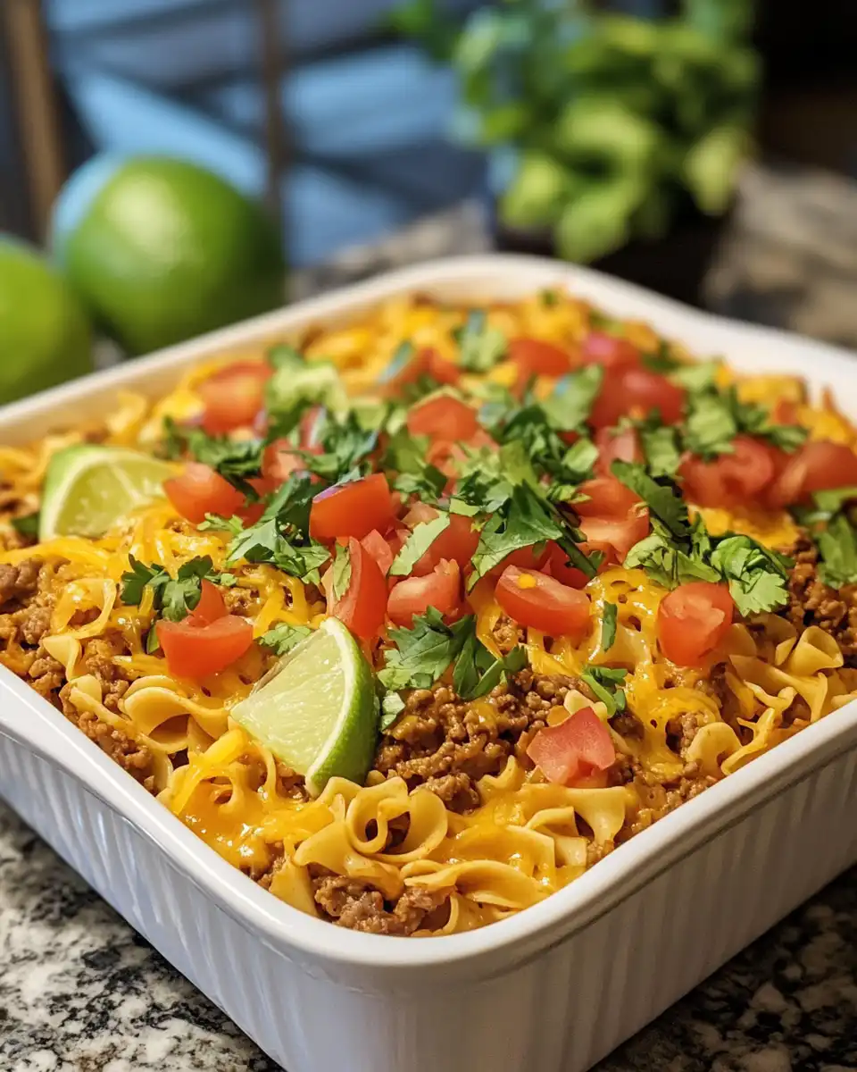Cheesy taco noodle casserole ready to serve