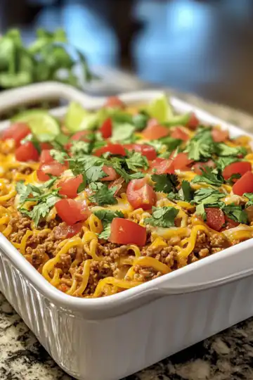 Taco Noodle Casserole taken with iphone 15 pro max --iw 2 --ar 4:5 --v 6.1 --raw