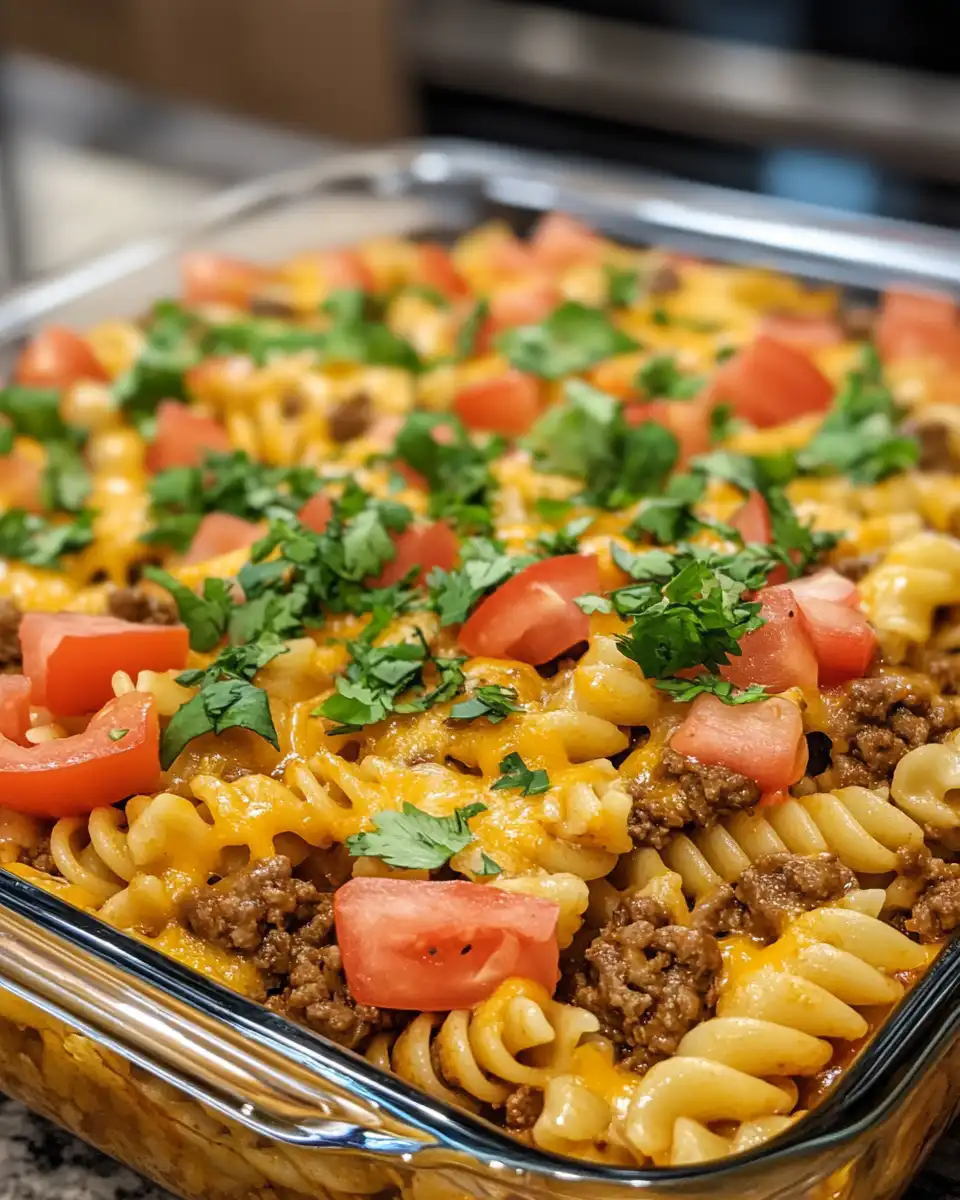 Ingredients for Taco Pasta Casserole including ground beef, pasta shells, cheese and salsa