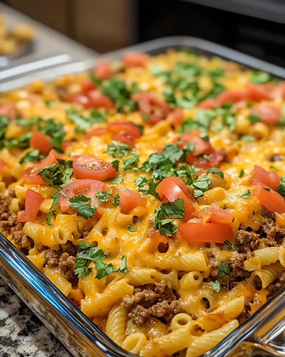 Final baked Taco Pasta Casserole served in a white dish with melted cheese